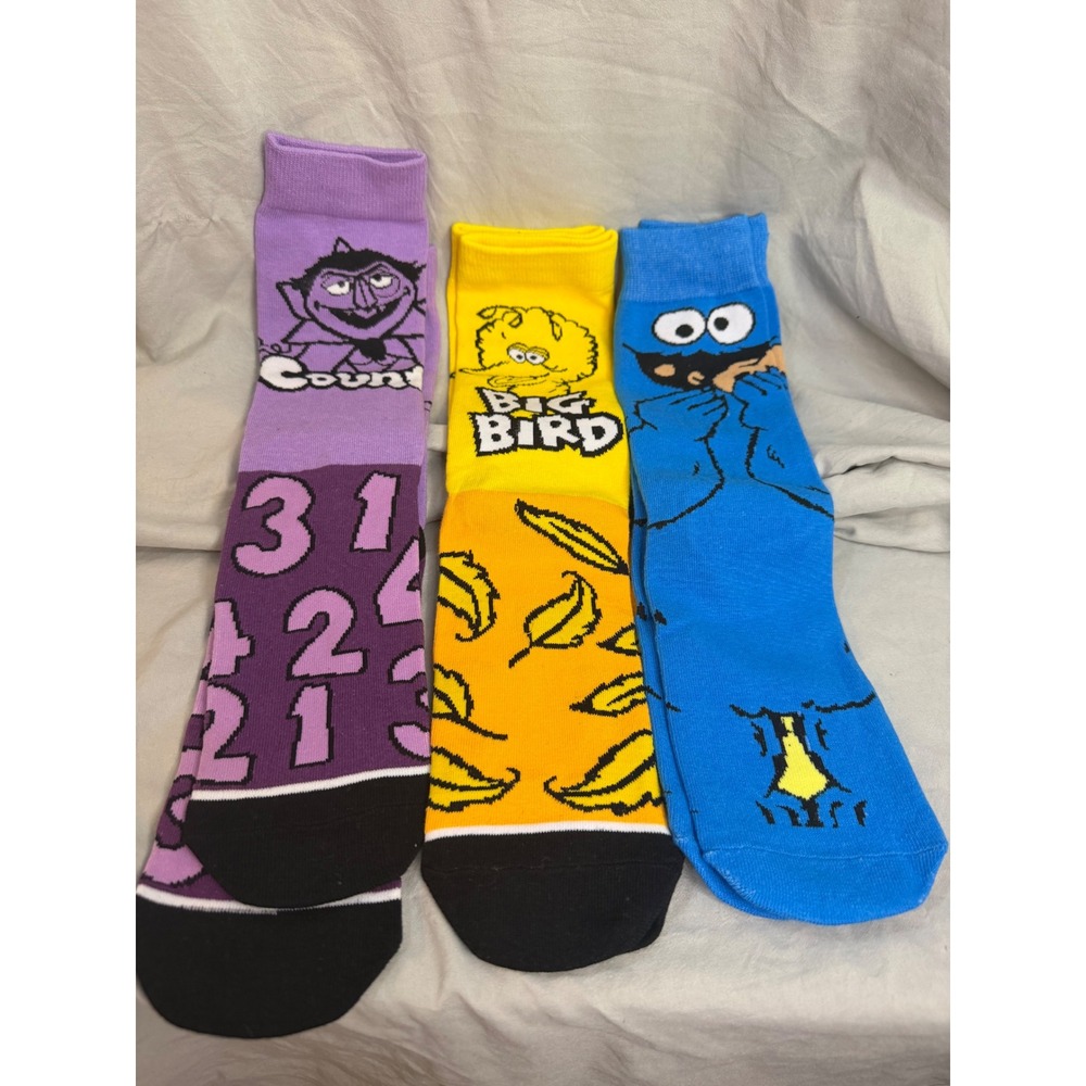 Sesame Street Crew Socks 3 Pack Cookie Monster‎ Big Bird The Count New US 6-10